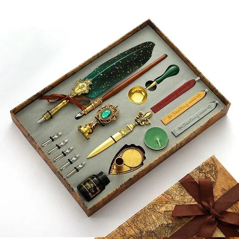 A luxury fountain pen set with a wax seal kit displayed in a wooden box.