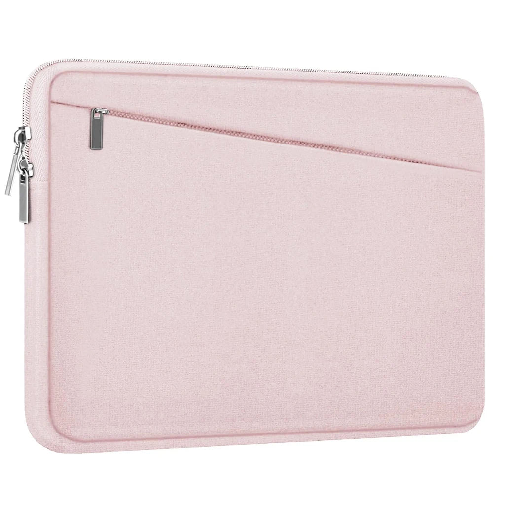 Housse rembourrée rose à fermeture éclair pour protéger un ordinateur portable.