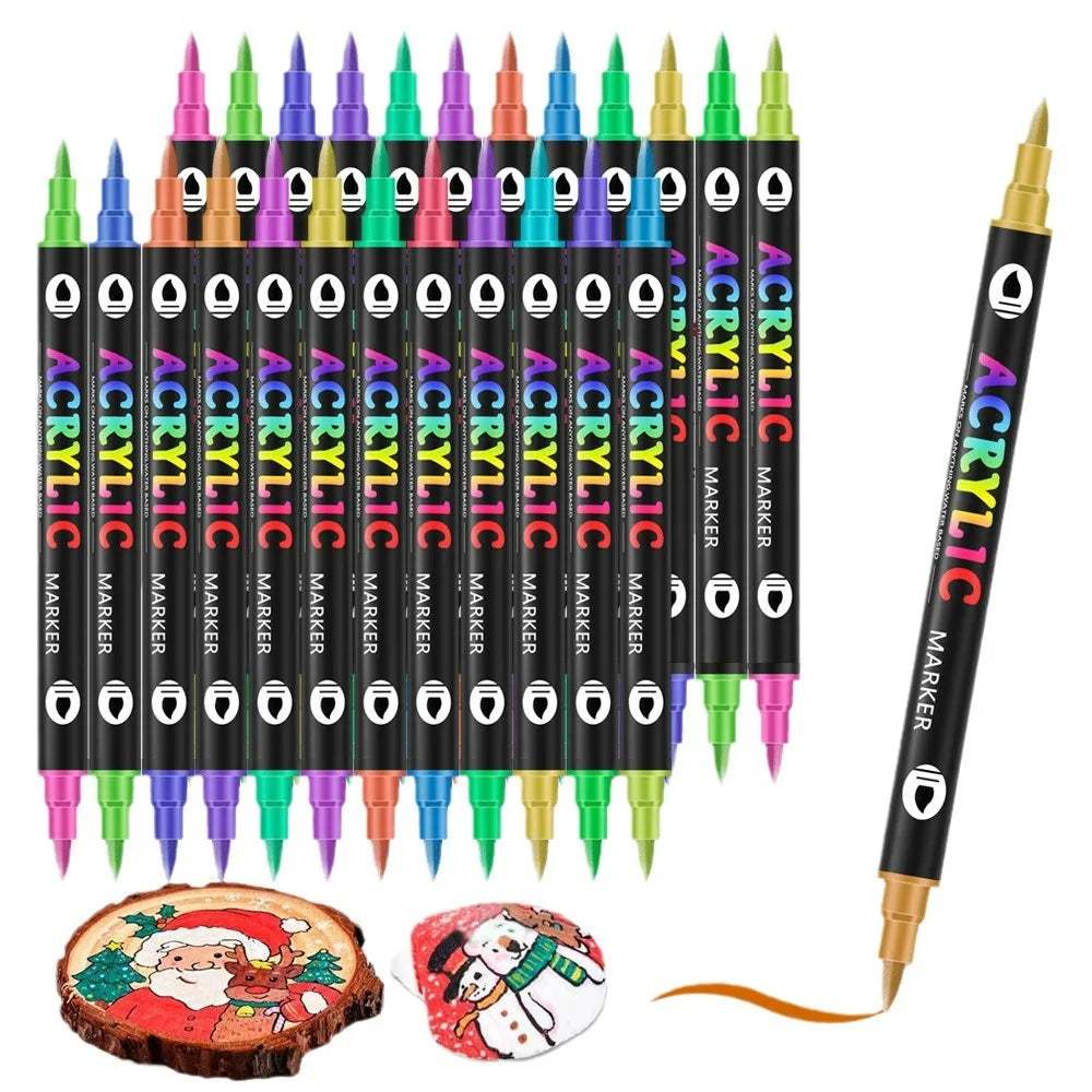 A set of black dual-tip acrylic markers in various colors and tips for crafting