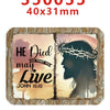 A square acrylic hairbow featuring the text He Died So That We May Live and John 10:10 on a distressed wood background.