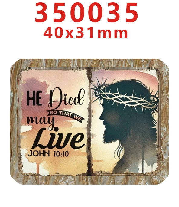 A square acrylic hairbow featuring the text He Died So That We May Live and John 10:10 on a distressed wood background.
