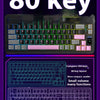 A close-up view of an 80 key mechanical keyboard with a backlit layout and a comparison to other layouts.