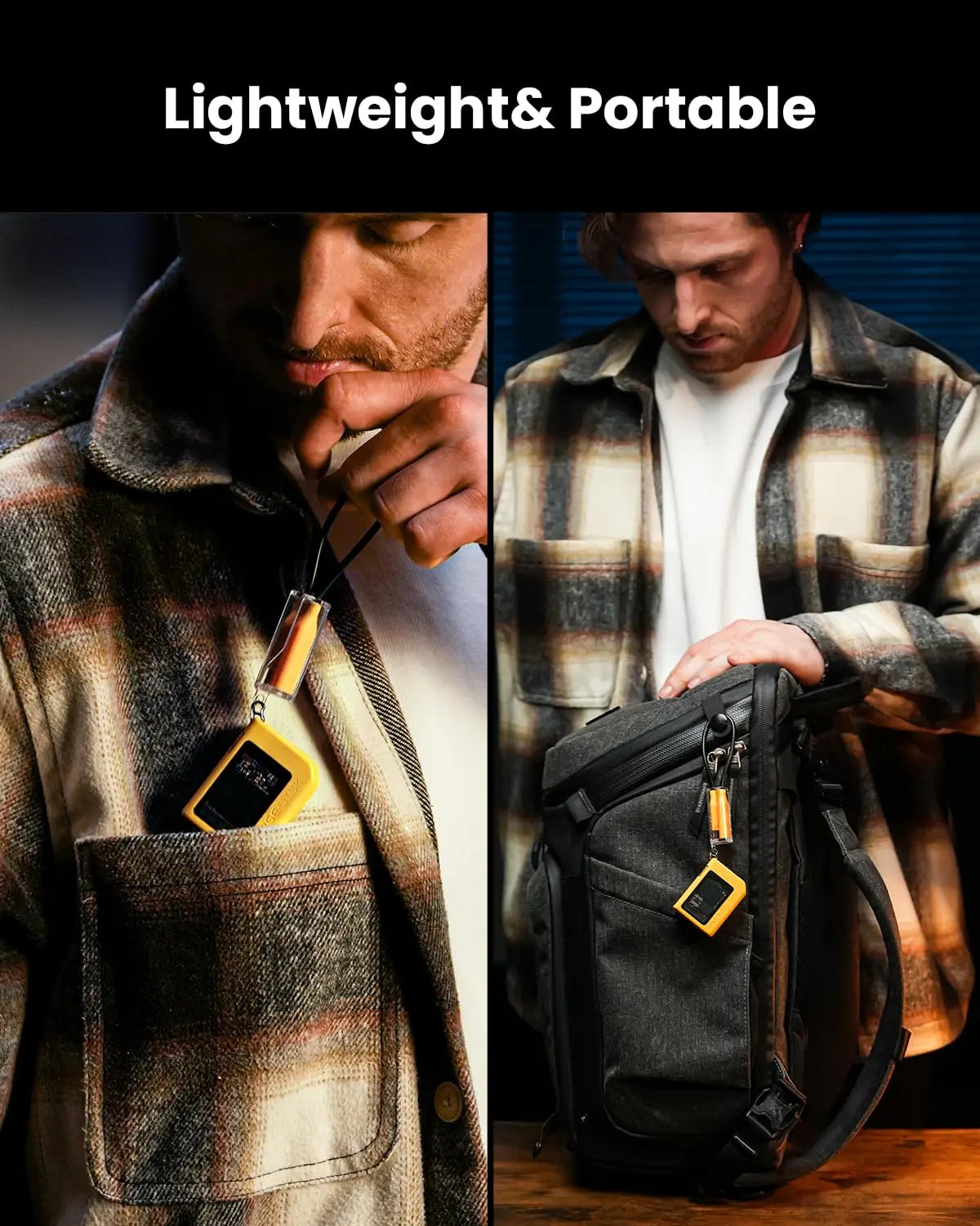 Un homme portant une chemise à carreaux tient un boîtier SSD portable noir avec un connecteur jaune.