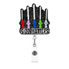 A badge reel featuring five colorful glitter acrylic pins of varying sizes with the text SIZE MATTERS