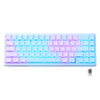 A light blue and purple mechanical keyboard with RGB lighting and a detachable cable is shown.