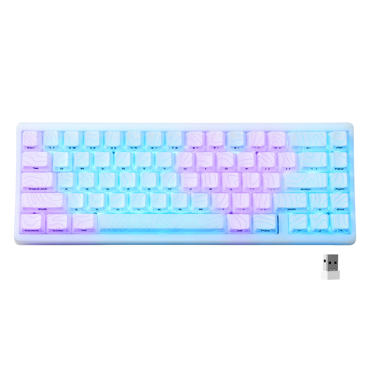 A light blue and purple mechanical keyboard with RGB lighting and a detachable cable is shown.