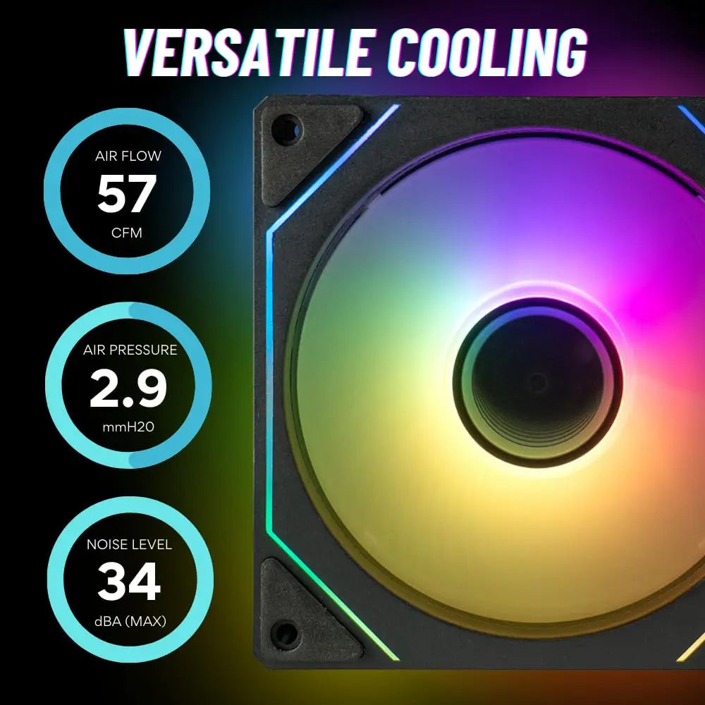 Close-up of an ARGB PC case cooling fan showing performance metrics for airflow, pressure, and noise level.