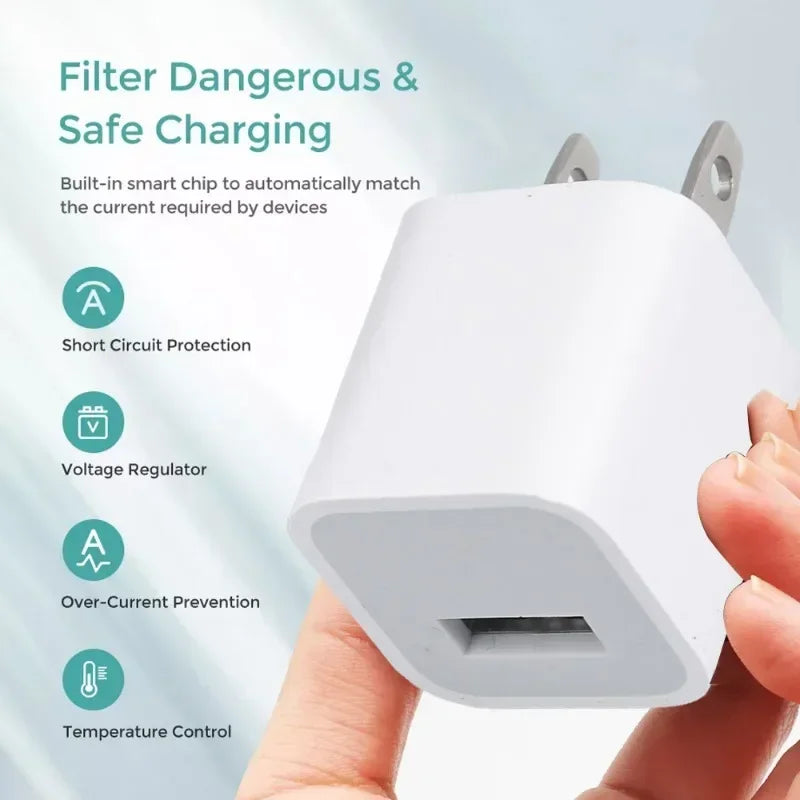 A hand holds a white universal USB wall charger cube with built-in safety features.