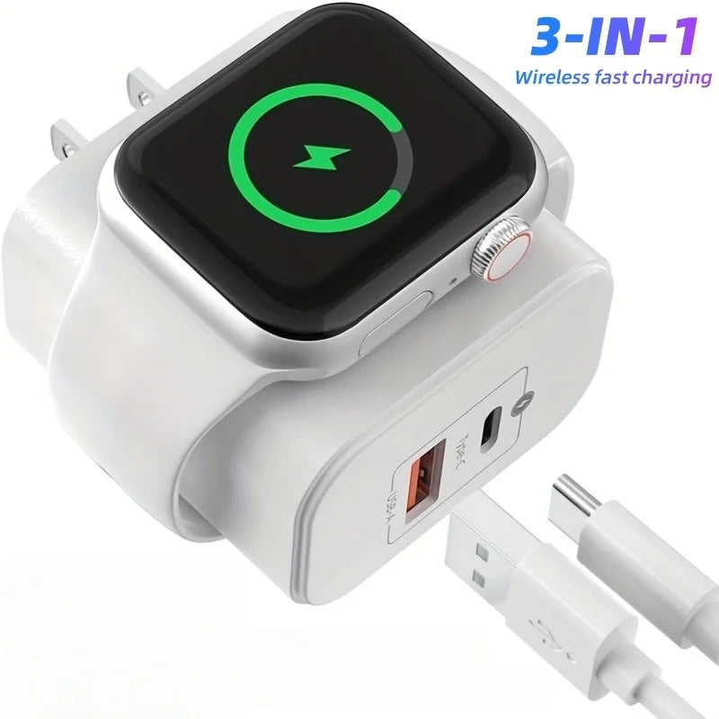 Chargeur sans fil 3-en-1 blanc avec voyant vert circulaire et port USB.