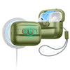A green magnetic case for AirPods Pro is shown with a charging cable and an open lid displaying white earbuds.