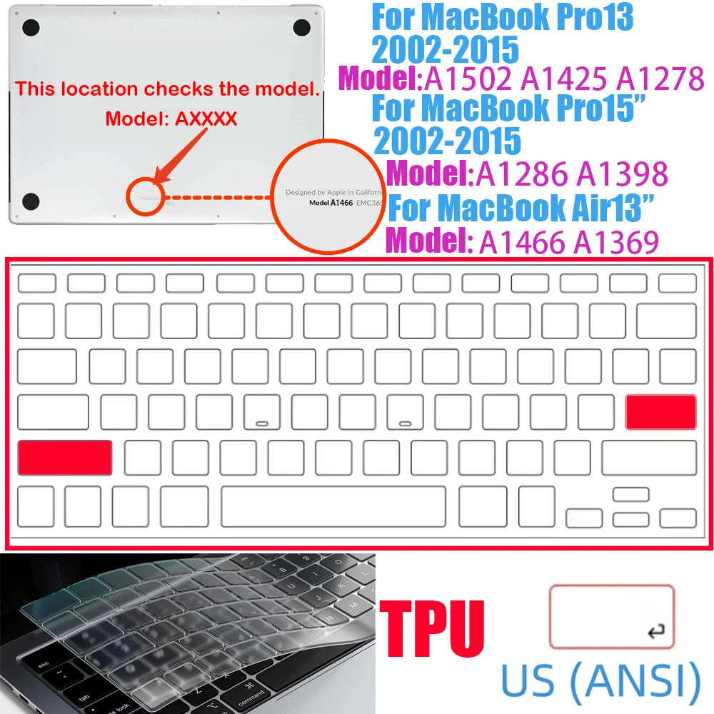 Ultra-thin TPU keyboard cover for MacBook Pro with a red keycap shown alongside the product.