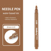 A brown needle pen with a 0.05 tip and a cap, showing water-based ink resistance.