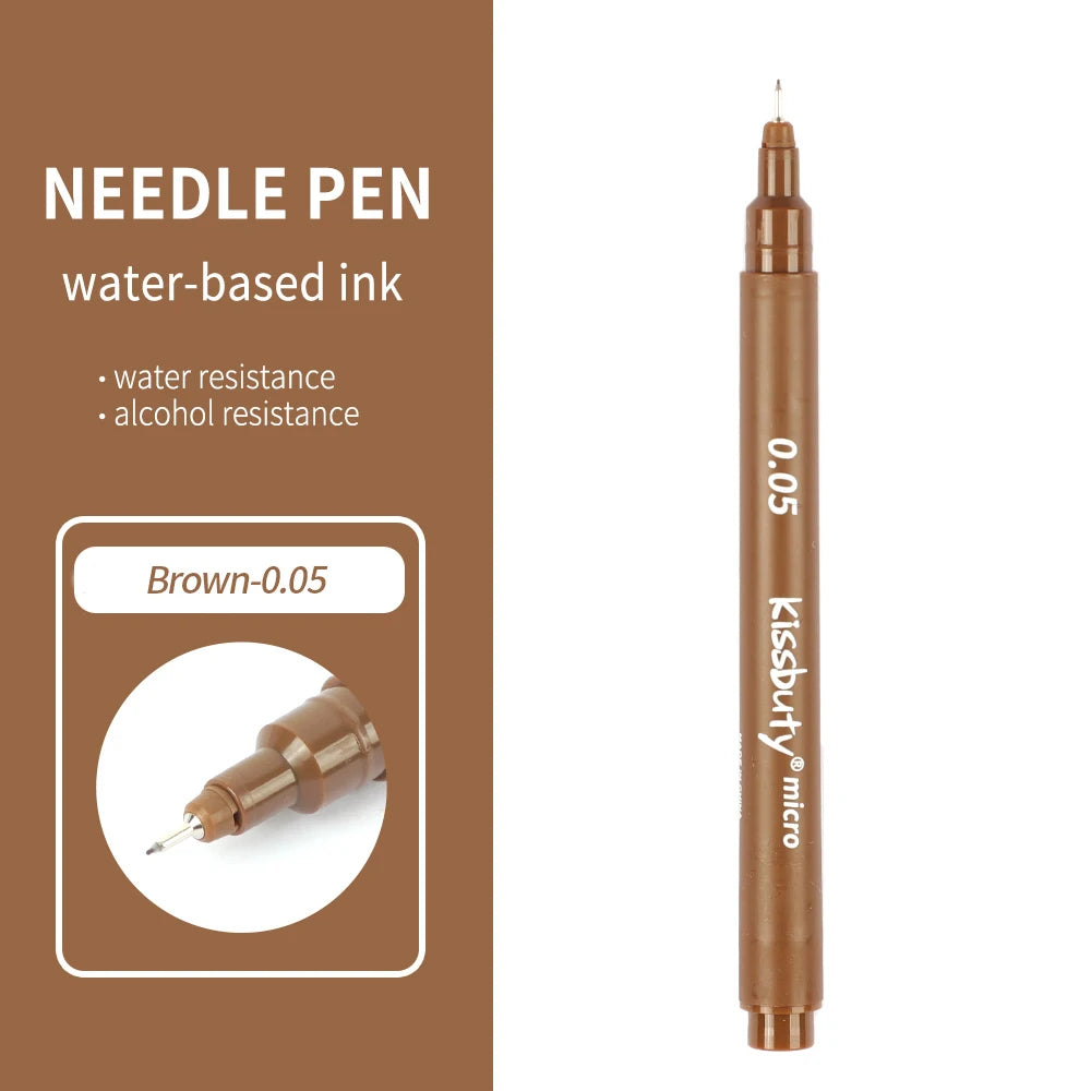 A brown needle pen with a 0.05 tip and a cap, showing water-based ink resistance.