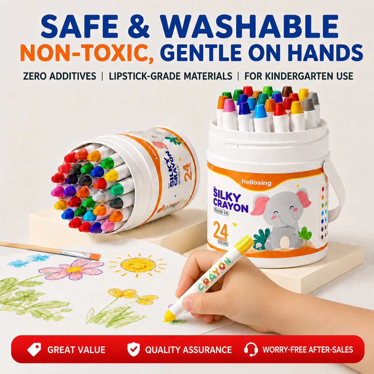 A hand holds a white plastic container of silicone crayons for kindergarten use with colorful tips and an elephant design.