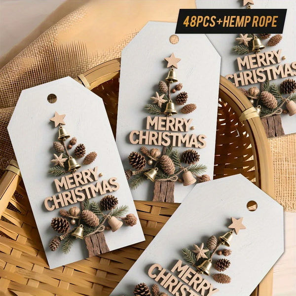 White farmhouse Christmas gift tags featuring gold bells and pinecone cutouts tied with hemp rope