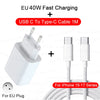 White EU 40W fast charging adapter with a USB C to Type-C cable for iPhone 15-17 series devices