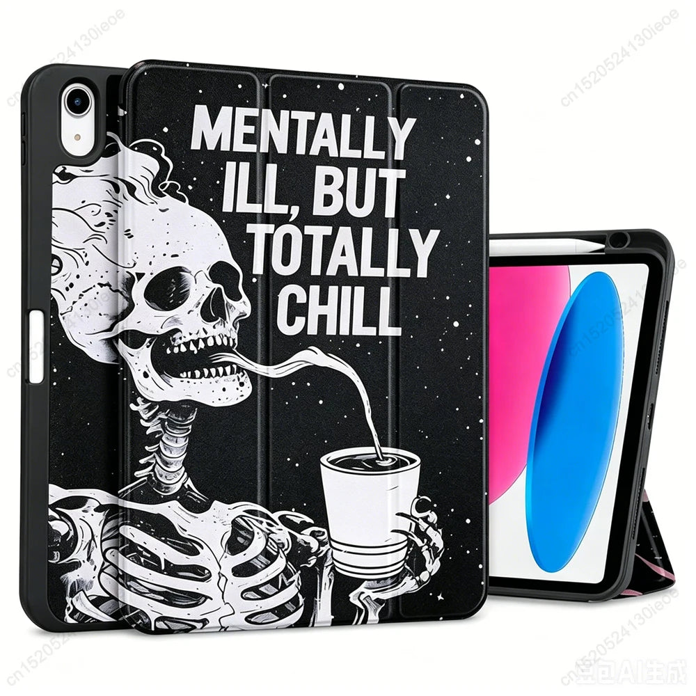 Schwarze Silikon-Schutzhülle mit Totenkopf-Design und dem Text: Mentally Ill But Totally Chill