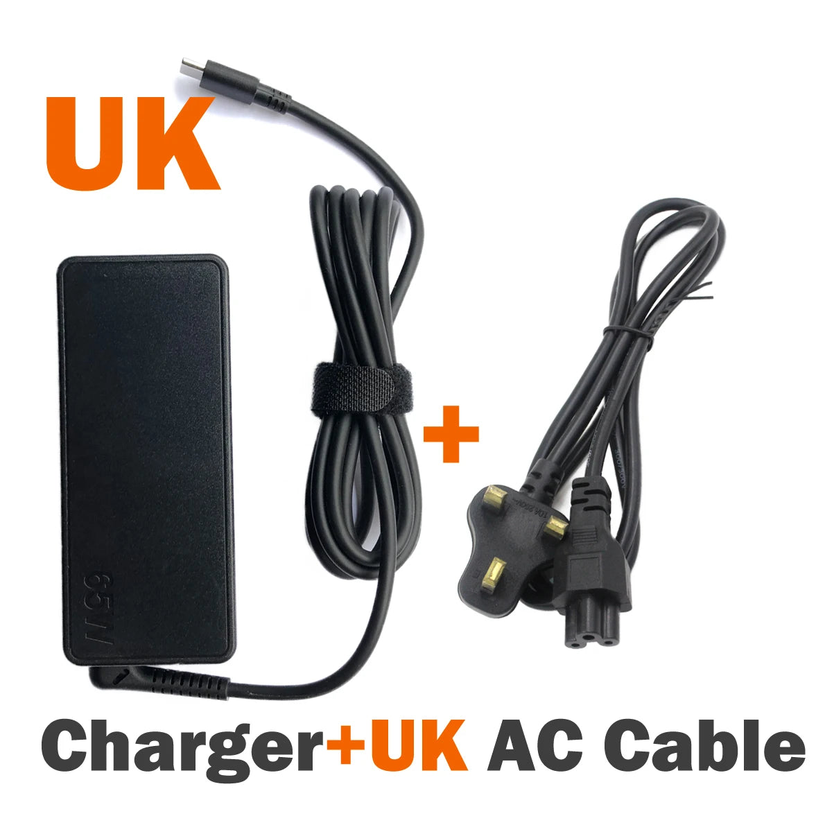 UK charger and AC cable for a laptop, showing the adapter and power cord.