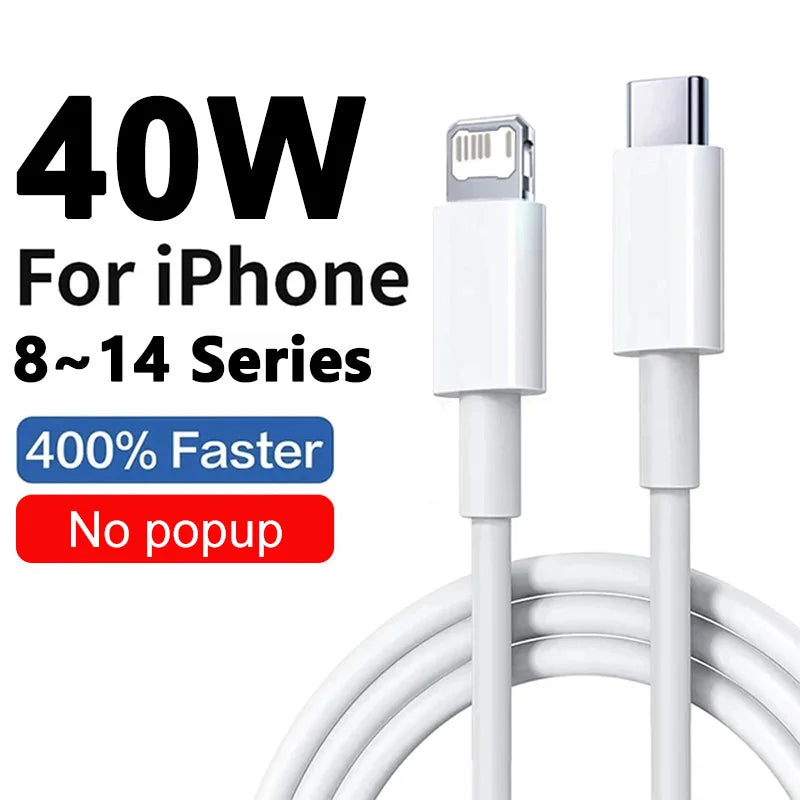 A white 40W USB-C fast charger and cable for iPhone devices.