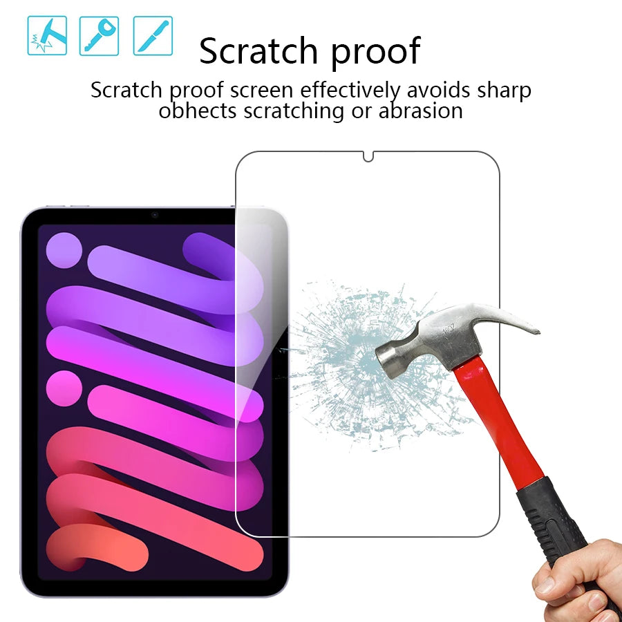 A close-up of a tablet screen protector demonstrating scratch proofing against a hammer.