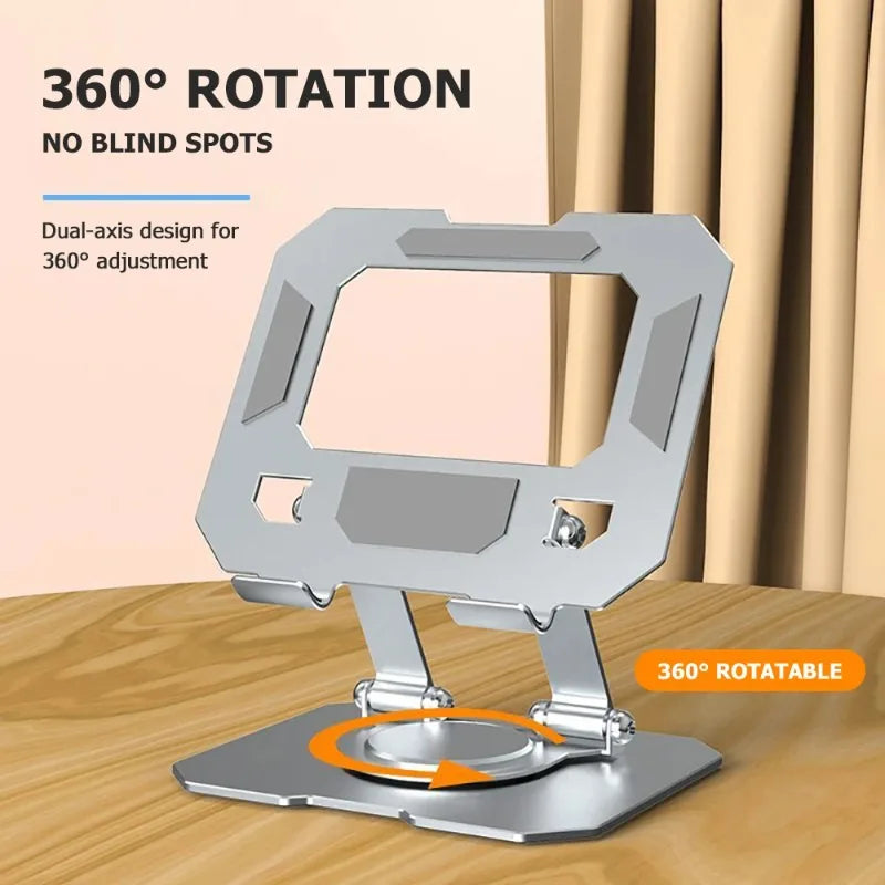 A silver dual-axis adjustable stand for tablets and laptops, demonstrating 360 degree rotation.