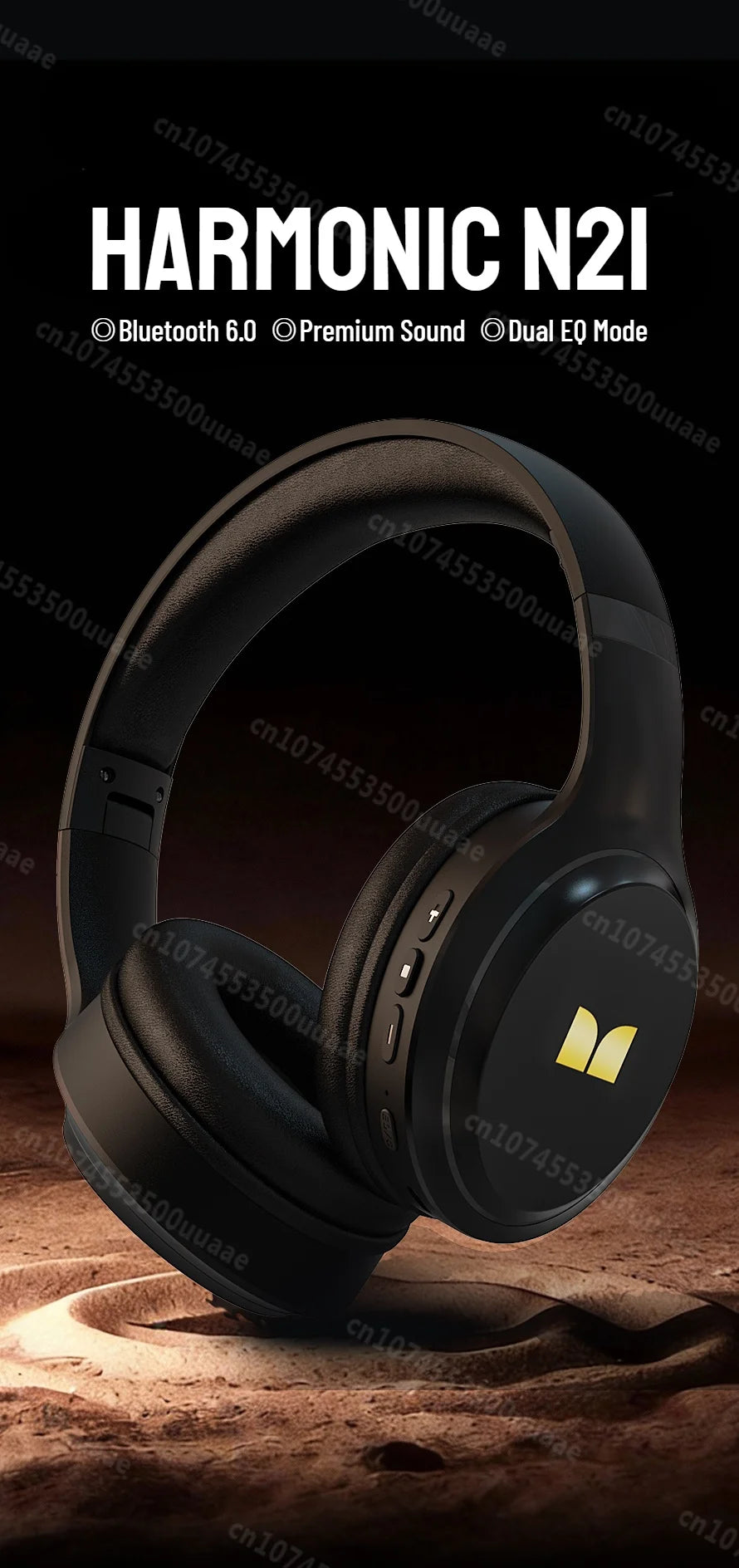 Black over-ear headphones with a gold accent, shown against a dark background.