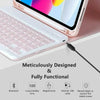 A pink universal Bluetooth keyboard case for an iPad showing various features like Bluetooth, long standby time, magnetic att