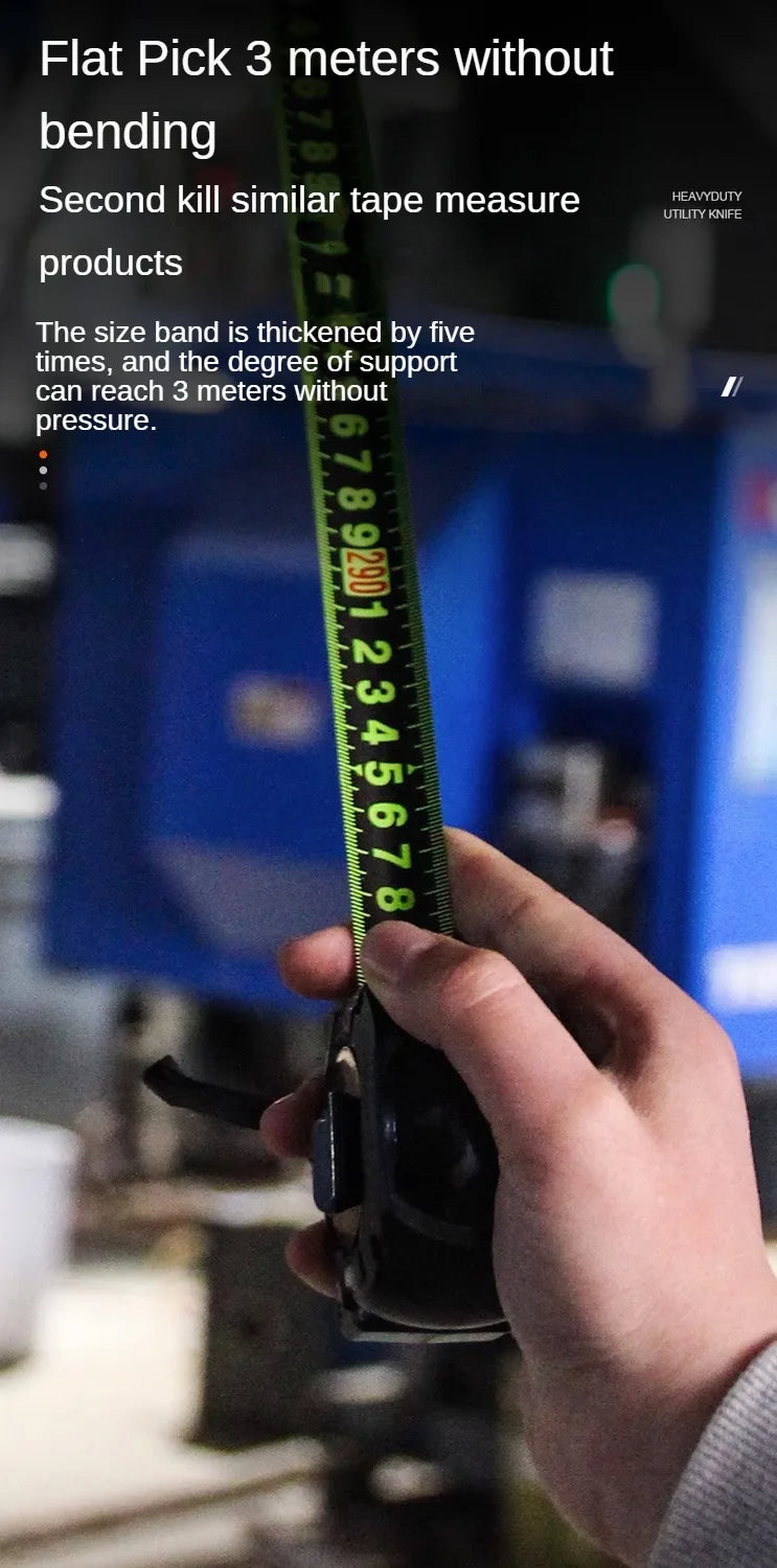 A hand holds a fluorescent steel tape measure, demonstrating its ability to measure three meters without bending.