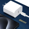 A white PD fast charger unit and a lightning cable are shown next to a smartphone.