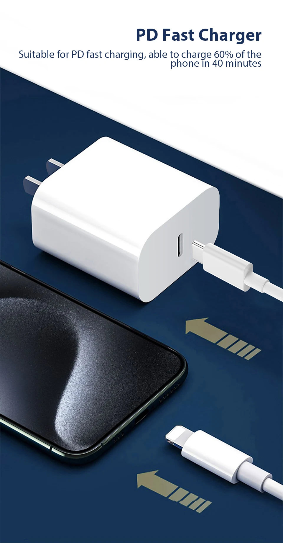 A white PD fast charger unit and a lightning cable are shown next to a smartphone.