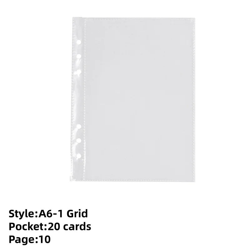 A transparent zipper photo binder with a grid design for holding 20 cards or keepsakes.