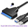 Dual USB 3.0 to SATA easy drive cable featuring a black adapter and blue connector.