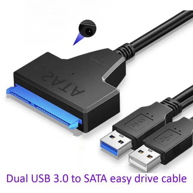 Dual USB 3.0 to SATA easy drive cable featuring a black adapter and blue connector.