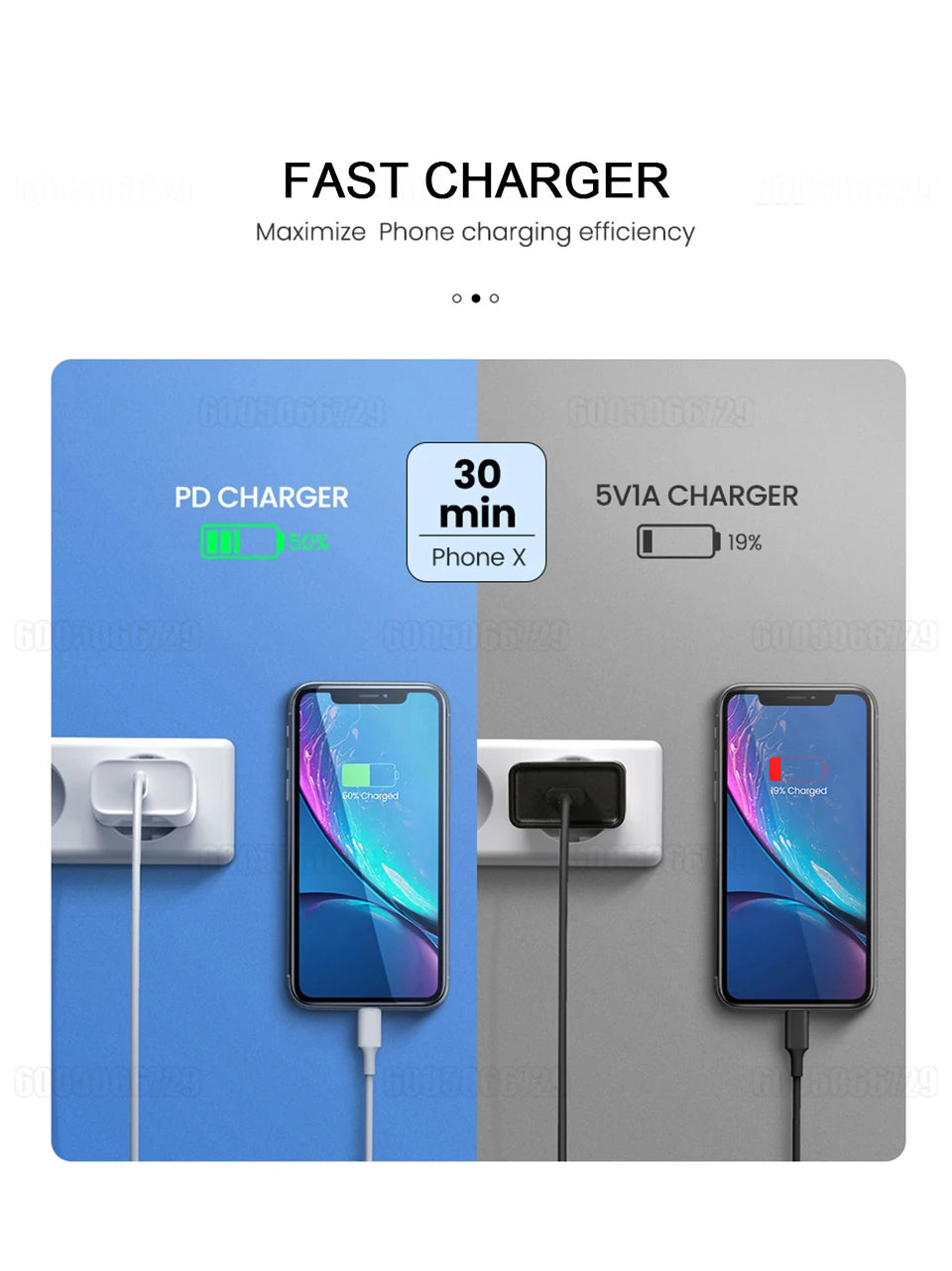 A fast charger setup showing a PD charger and a 5V/1A charger with corresponding cables for a phone.