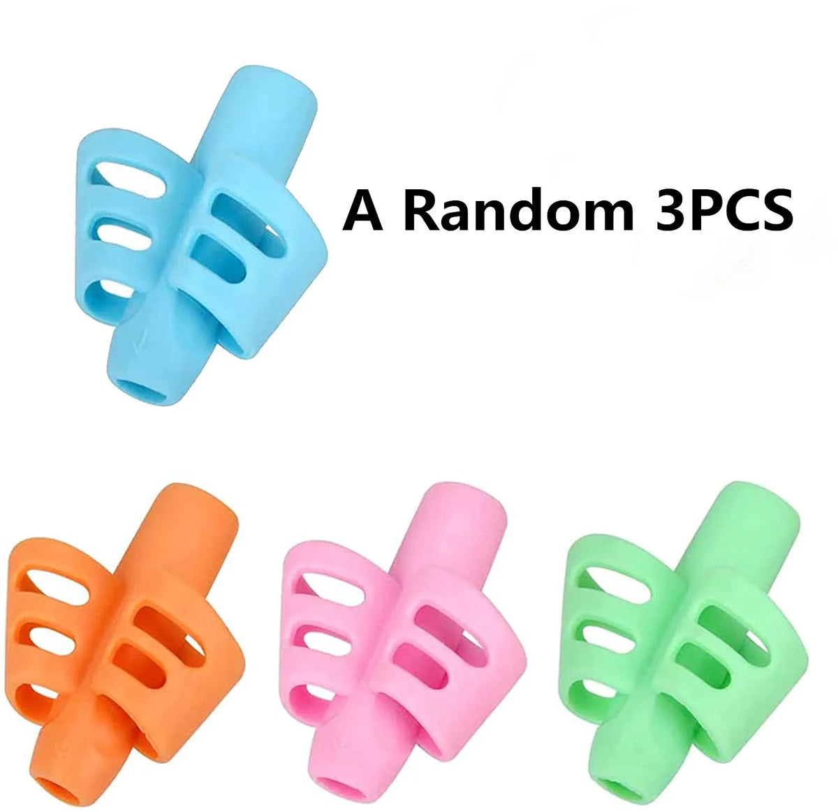 A random set of three colorful silicone pencil grips for handwriting aid.