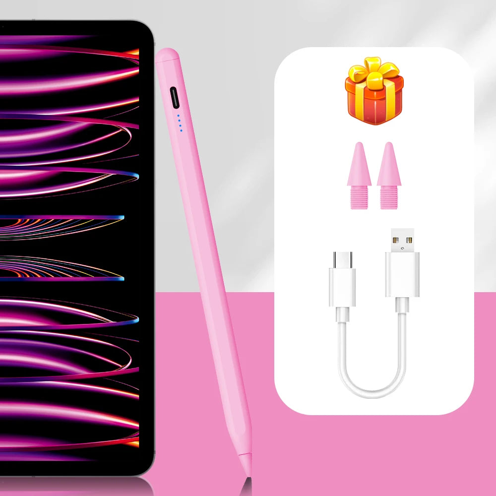 A pink precision magnetic stylus pen and charging cable with a gift box shown on a white background.