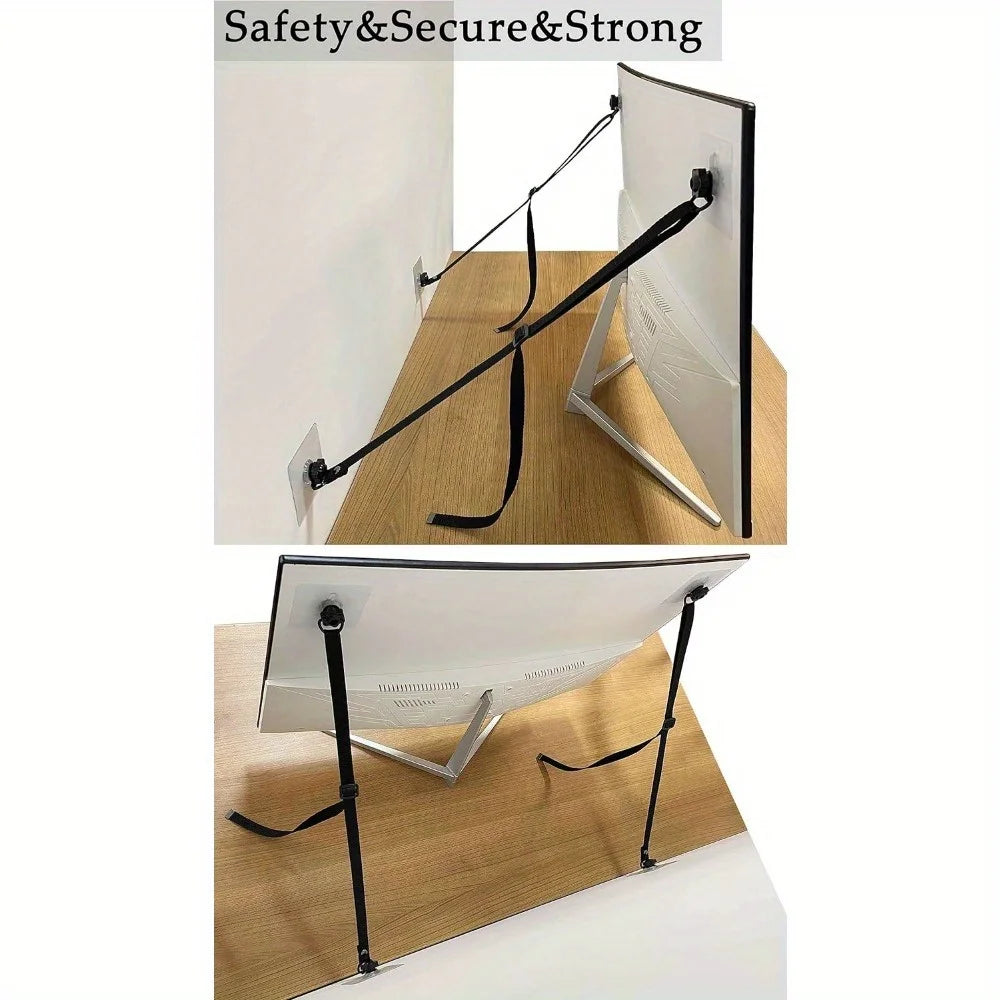 Two adjustable black safety straps used as no-drill furniture anchors for baby proofing a television.