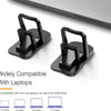 A pair of black foldable laptop stands or risers shown next to various laptop screen sizes.