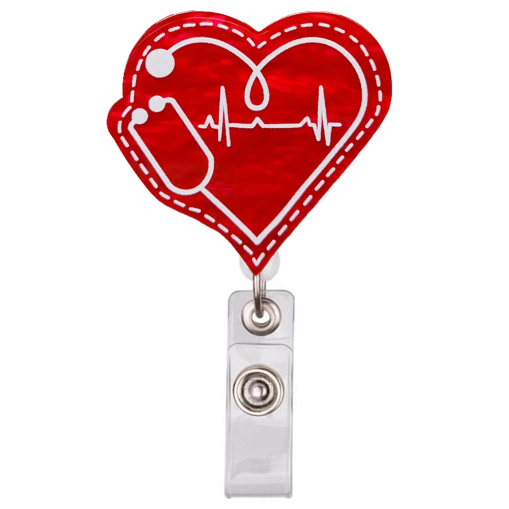A red heart-shaped badge reel holder with a white outline and a graphic of a heartbeat line.