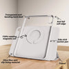 A white magnetic rotating protective case for an iPad showing features like a hard shell, anti fall edge, and tripod.