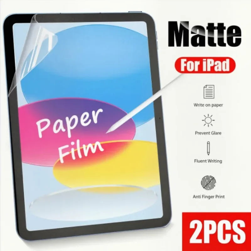 Matte Paper Film screen protector for iPad, showing features like glare prevention and anti-fingerprint protection.