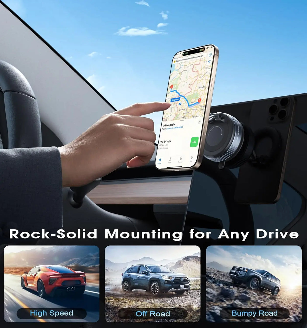 Eine Hand hält ein Smartphone, montiert in einem festen magnetischen Halter für das Auto in einem Fahrzeug.