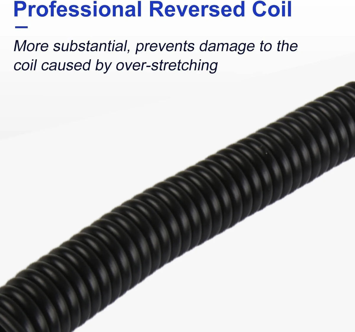 A close-up view of a black professional reversed coil cable for USB-C connections.