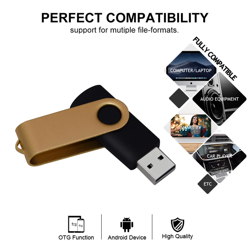 A gold and black OTG adapter for multiple file-format compatibility, supporting computer, audio equipment, and car players.