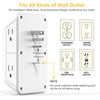 A white power strip with dual-attachment design shown next to various types of wall outlets.