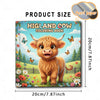 A coloring book featuring a Highland cow illustration in a grassy field with flowers and trees.
