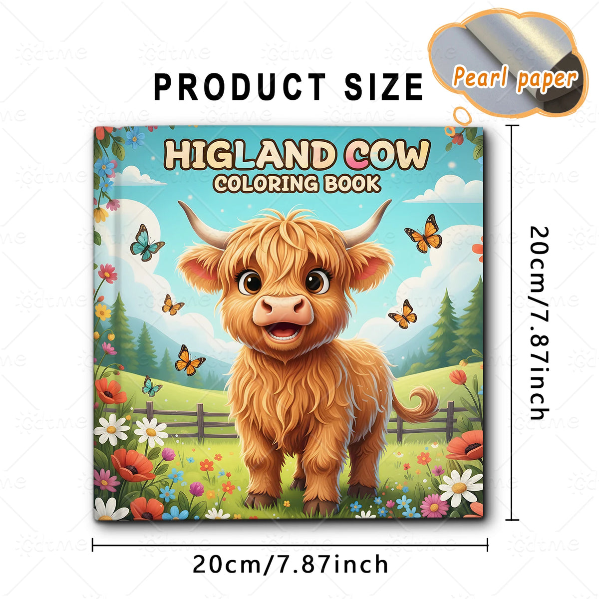 A coloring book featuring a Highland cow illustration in a grassy field with flowers and trees.