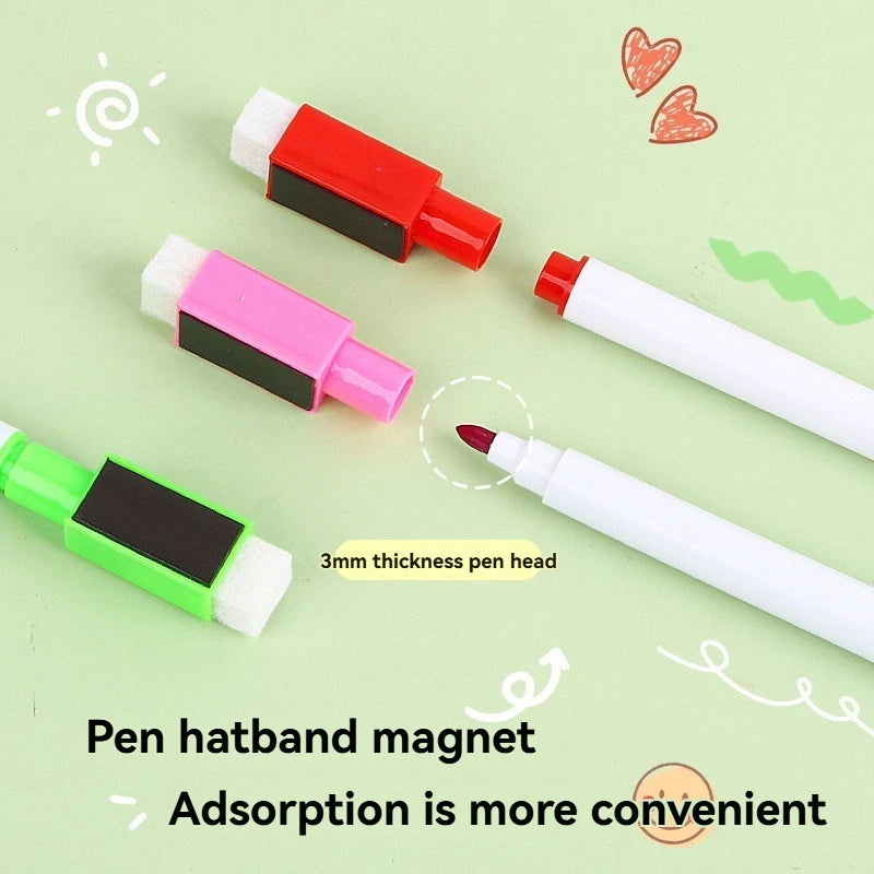 A set of 8-color dry erase markers with magnetic heads and a convenient pen headband for writing.