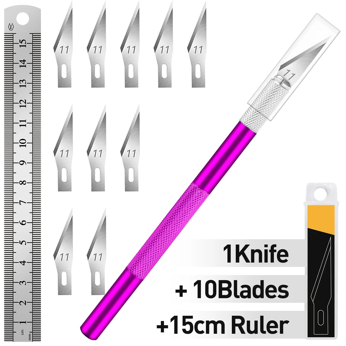 A precision craft knife set featuring 11 stainless steel blades and a 15cm steel ruler.