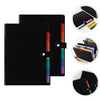 Black A4 7-pocket expanding file folder with colorful spine and multiple colored folders.